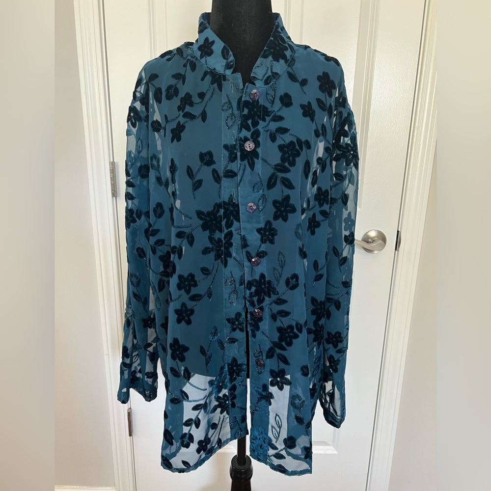 Draper's & Damon's Teal/Floral Velvet Sheer Jacket - Size 1X